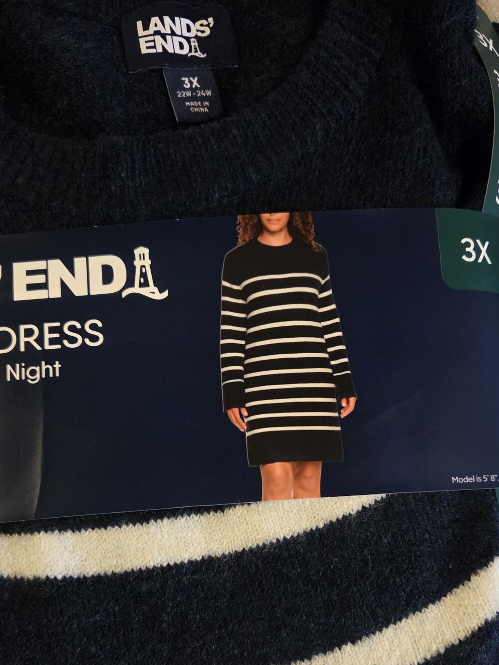 Lands' End Navy and White Striped Crewneck Sweater Dress